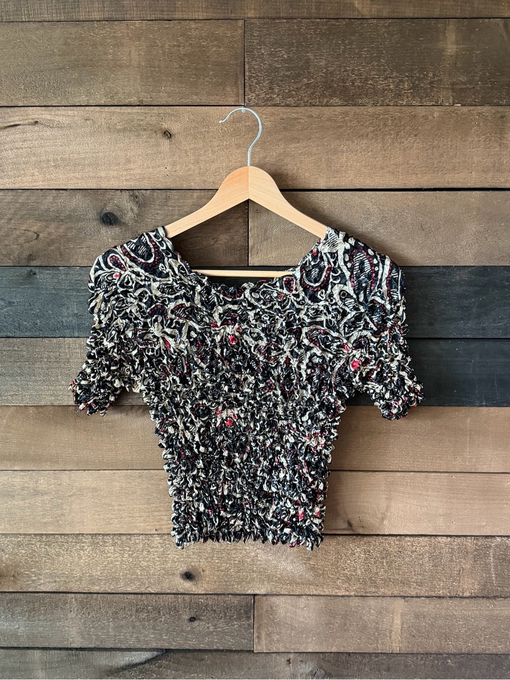 Y2K Popcorn Bubble Top Paisley Crinkle Stretch Shirt